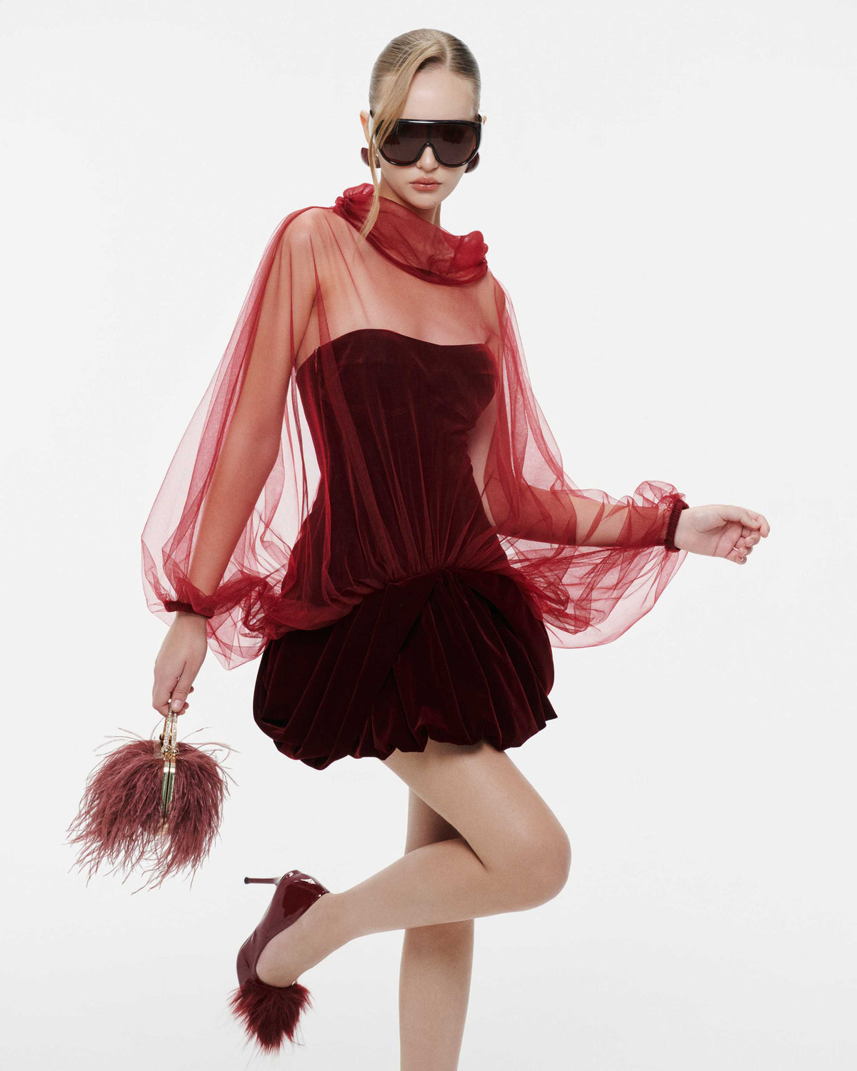 (PRE-ORDER) Red Velvet Panelled Cape Dress