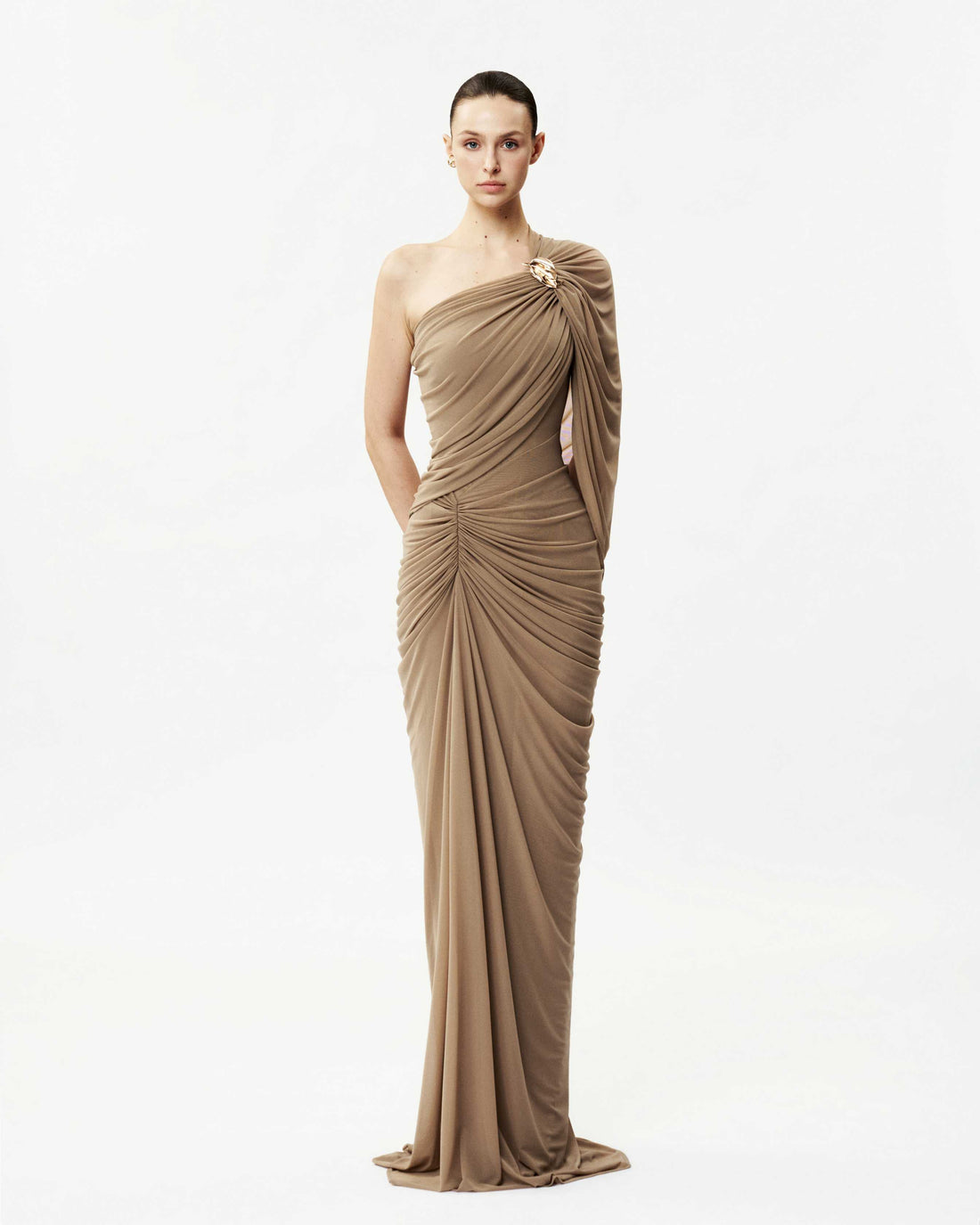 (PRE-ORDER) Long One-Shoulder Mesh Dress with Floral Button