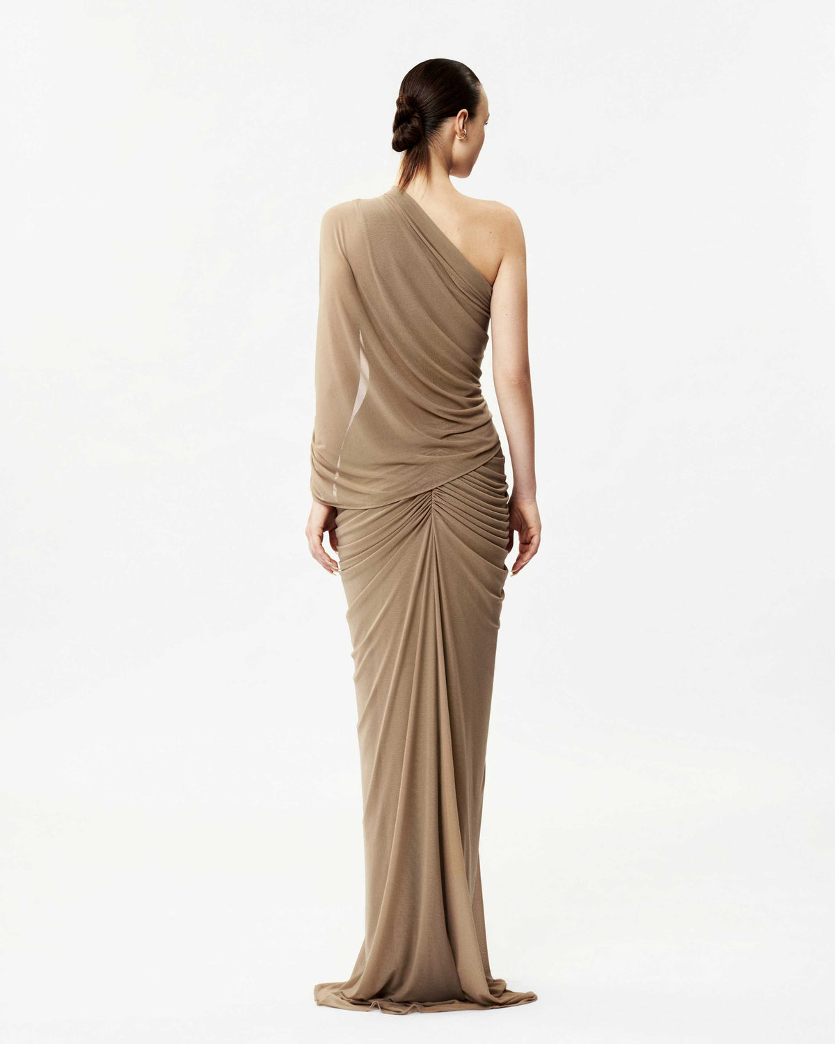 (PRE-ORDER) Long One-Shoulder Mesh Dress with Floral Button