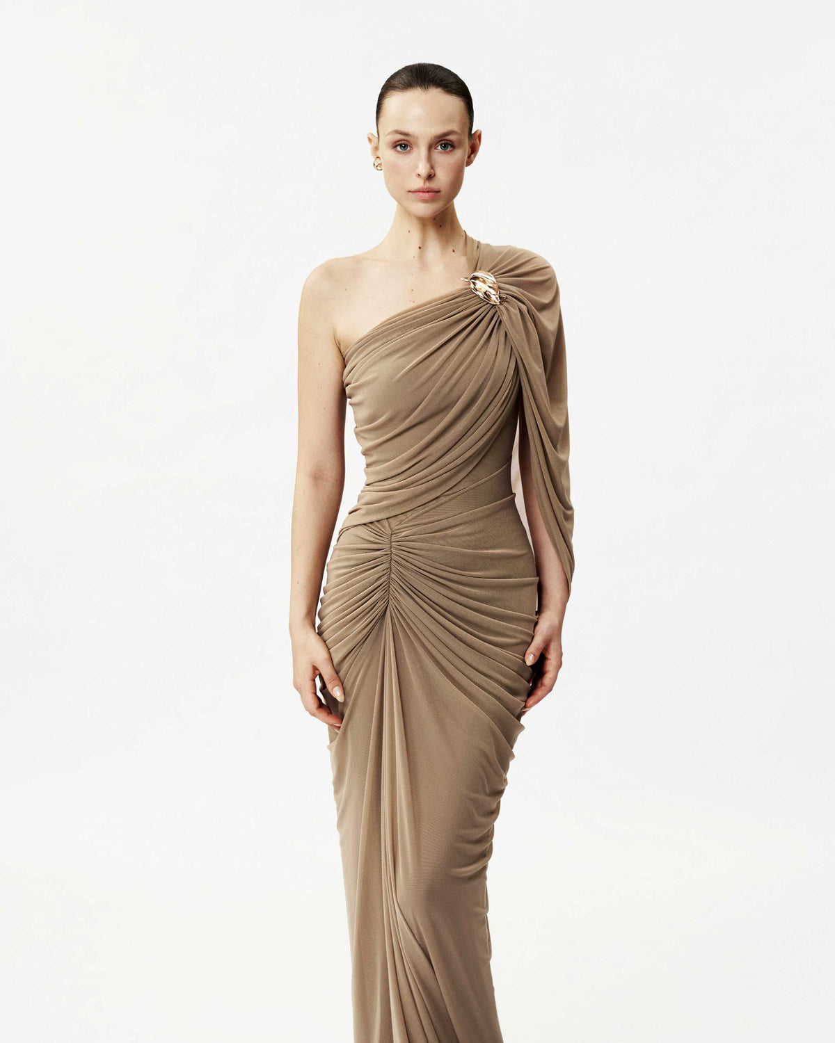 (PRE-ORDER) Long One-Shoulder Mesh Dress with Floral Button