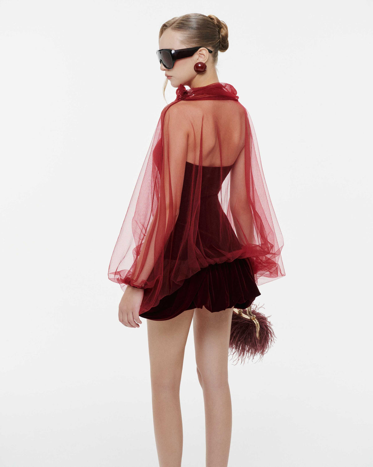 (PRE-ORDER) Red Velvet Panelled Cape Dress