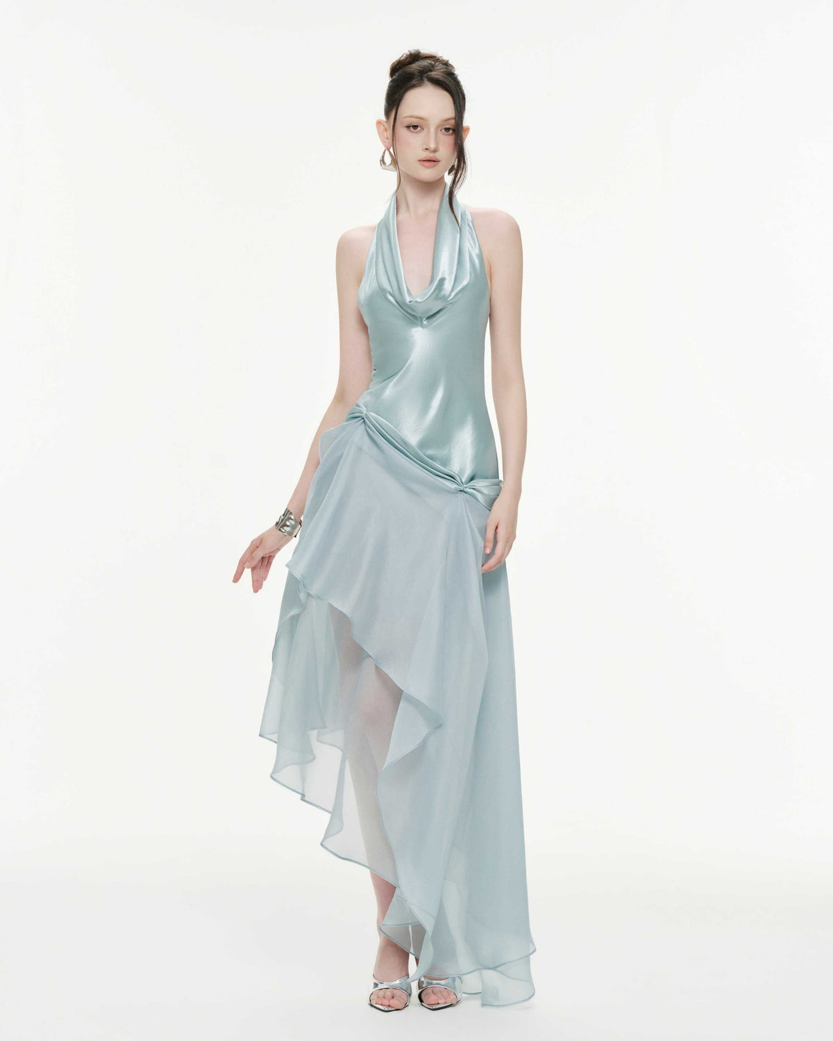 (PRE-ORDER) Draped Cowl-Neck Silk Dress With Layered Organza Skirt
