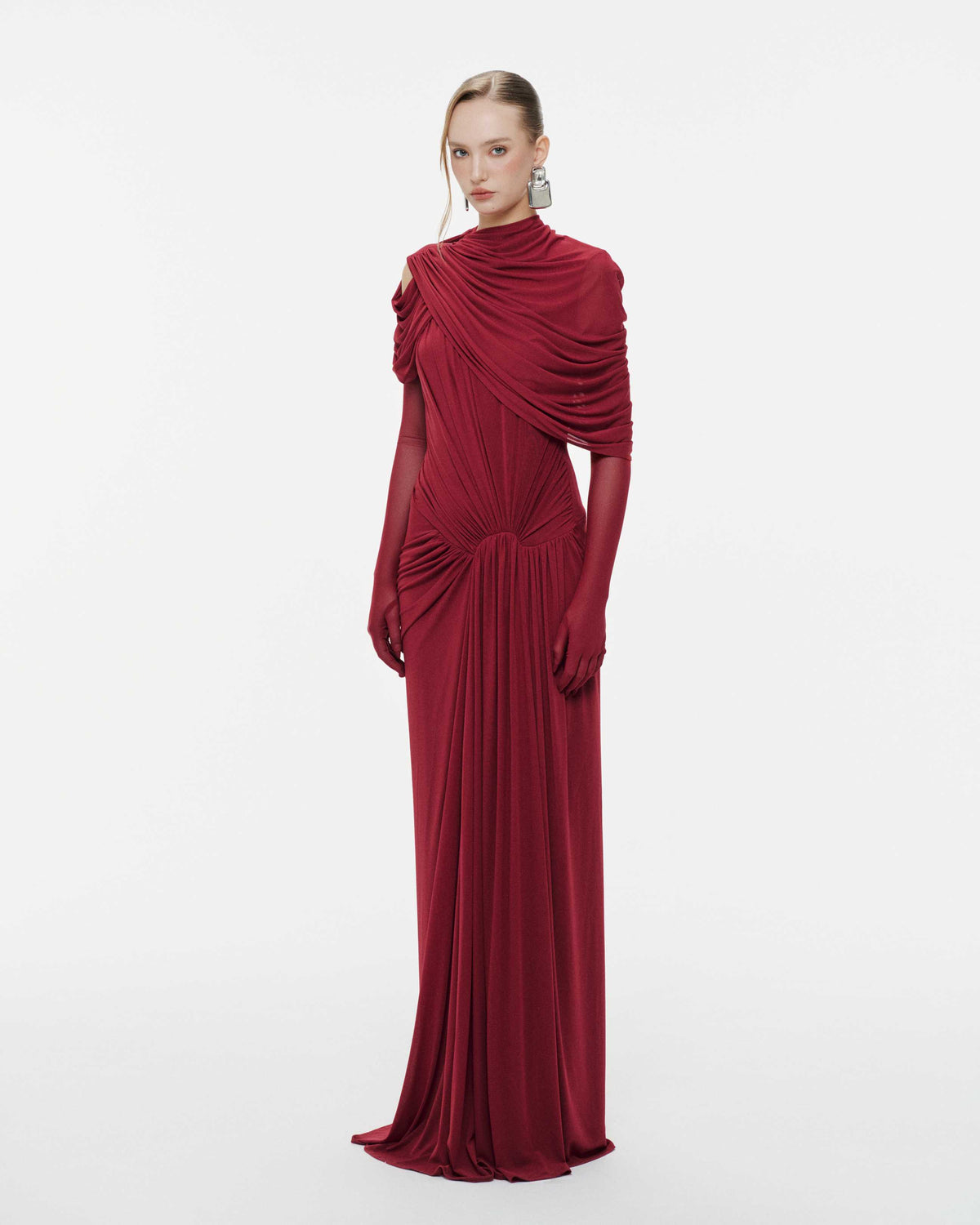 (PRE-ORDER) Draped Mesh Ruched Shoulder-Wrap Dress