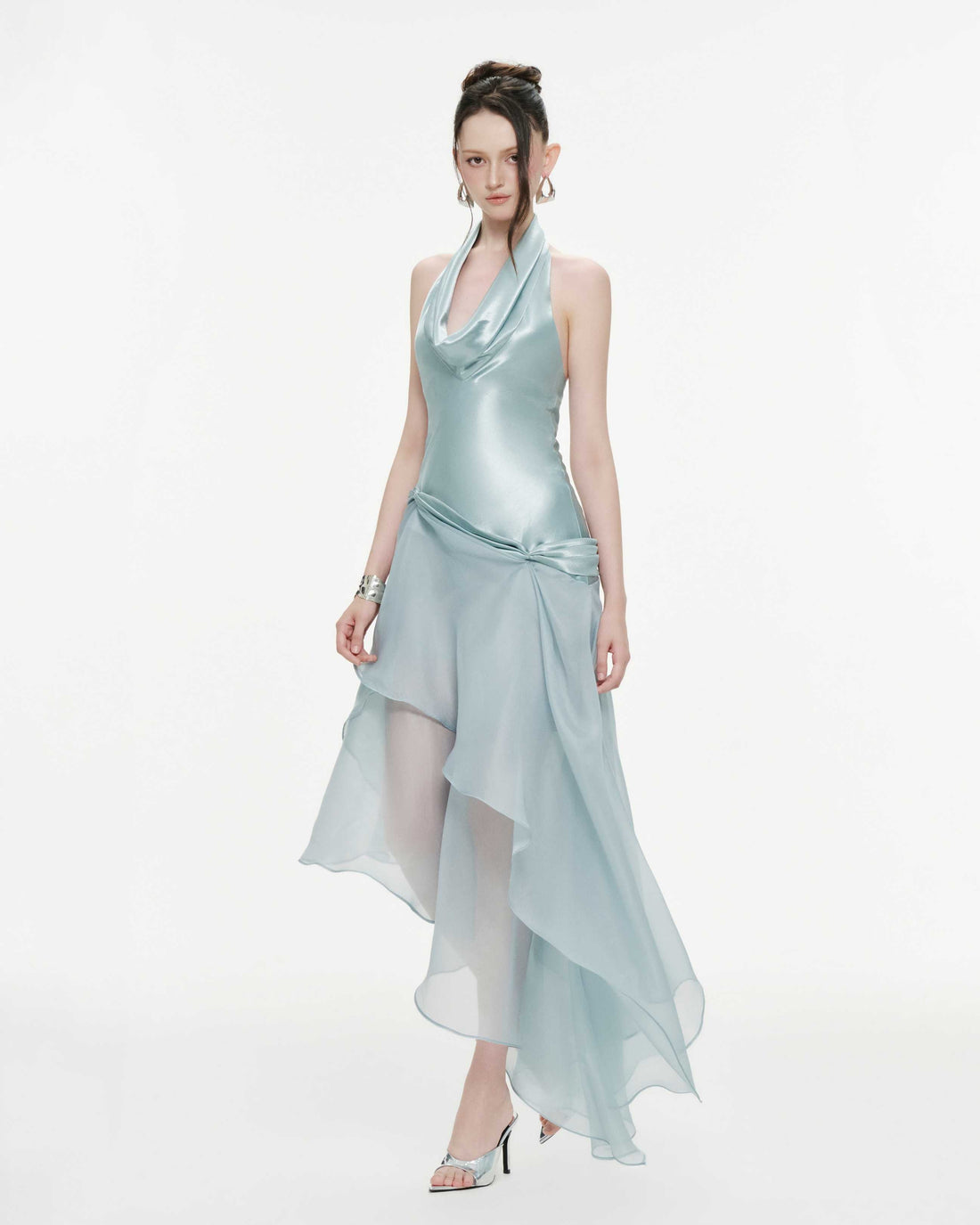 (PRE-ORDER) Draped Cowl-Neck Silk Dress With Layered Organza Skirt