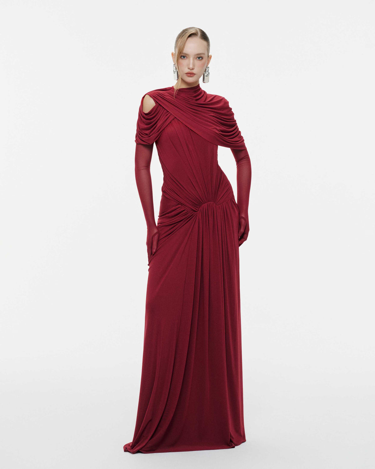 (PRE-ORDER) Draped Mesh Ruched Shoulder-Wrap Dress