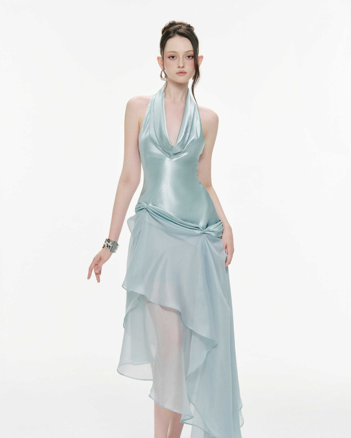 (PRE-ORDER) Draped Cowl-Neck Silk Dress With Layered Organza Skirt