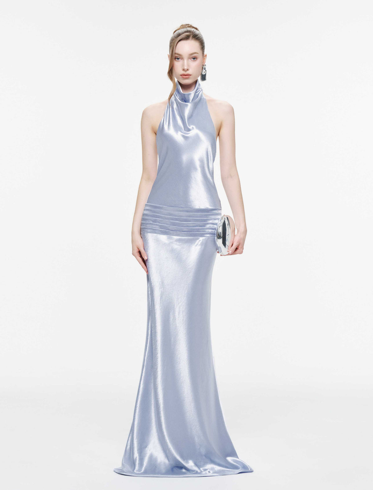 Cowl Neck Silk Dress With Twisted Bow Back