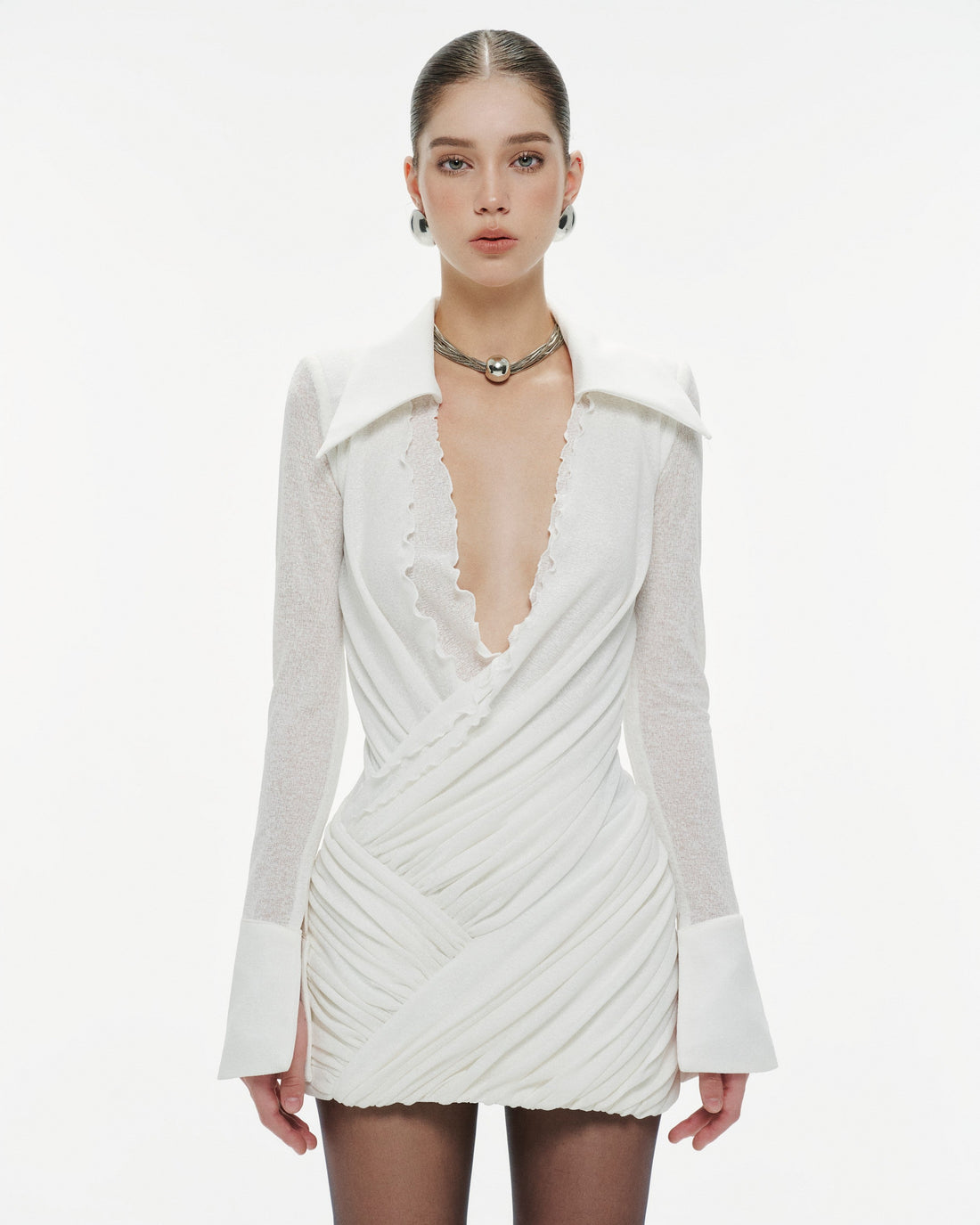 (PRE-ORDER) Ruched Wrap-Style Knit Shirt Dress