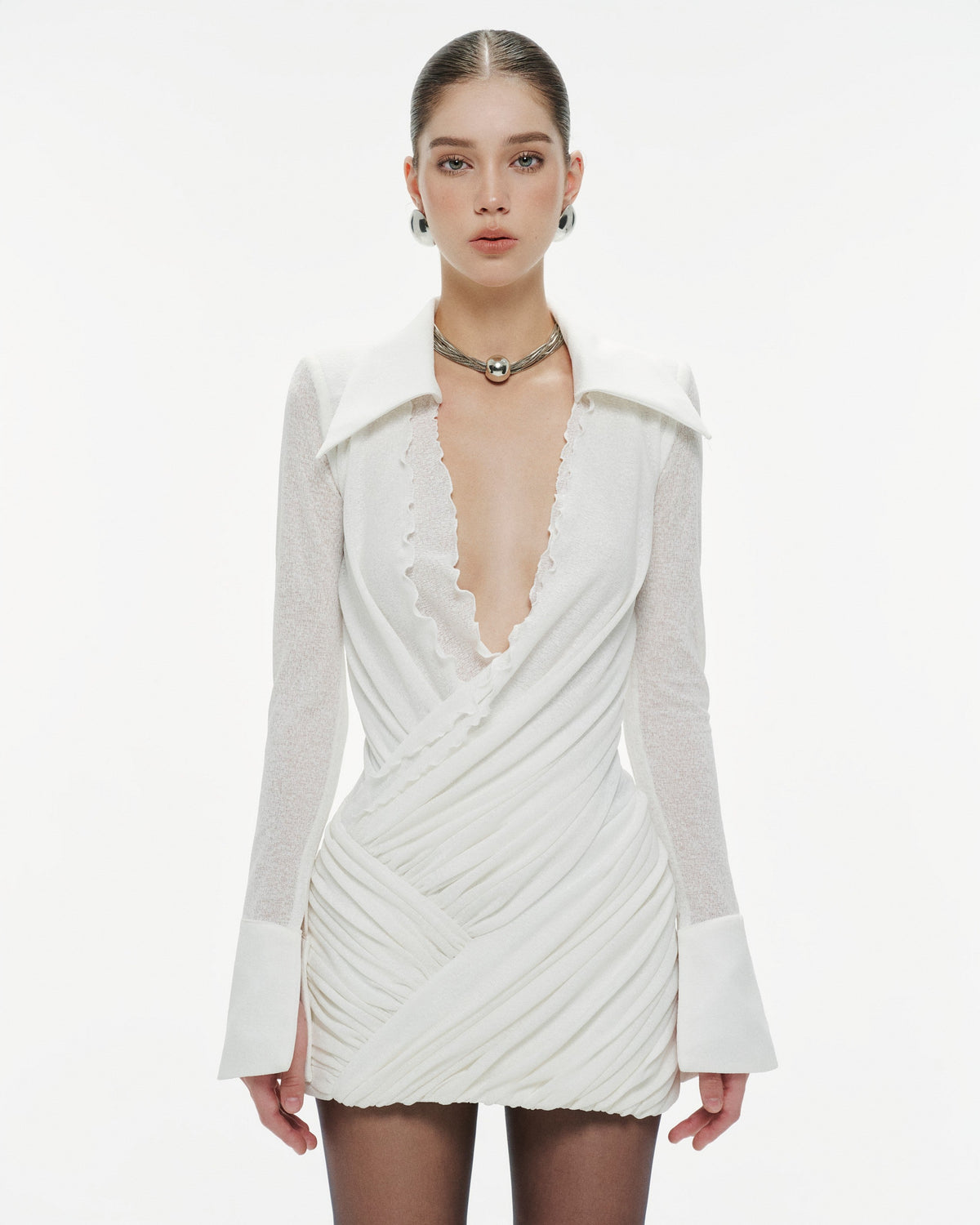 (PRE-ORDER) Ruched Wrap-Style Knit Shirt Dress