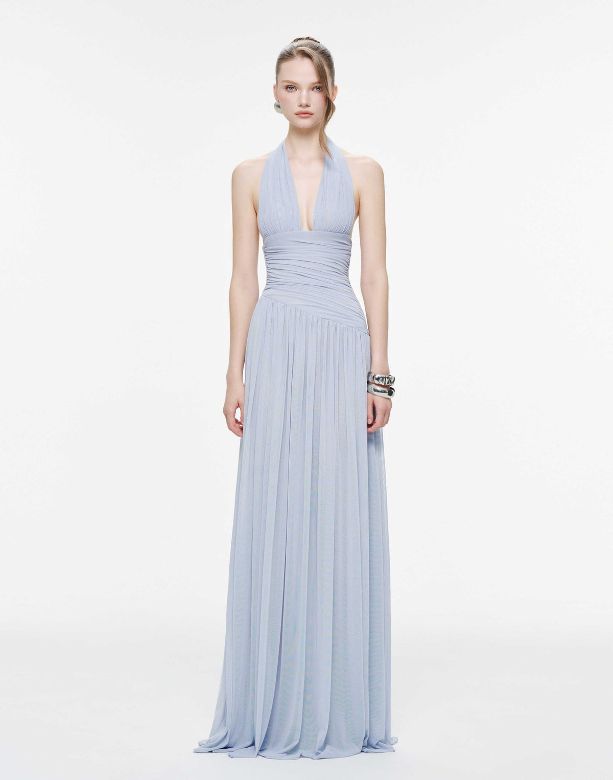 Ruched Stretch Mesh Maxi Dress With Neck Bow