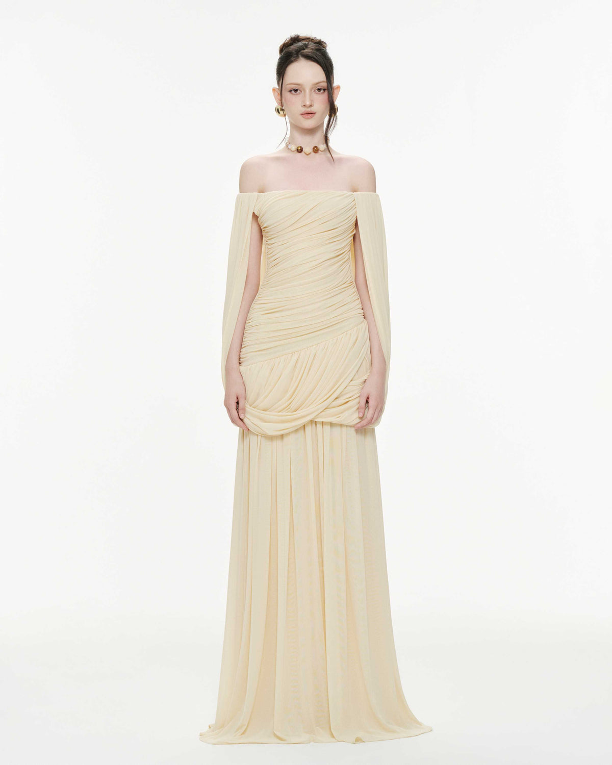 Off Shoulder Ruched Cape Dress