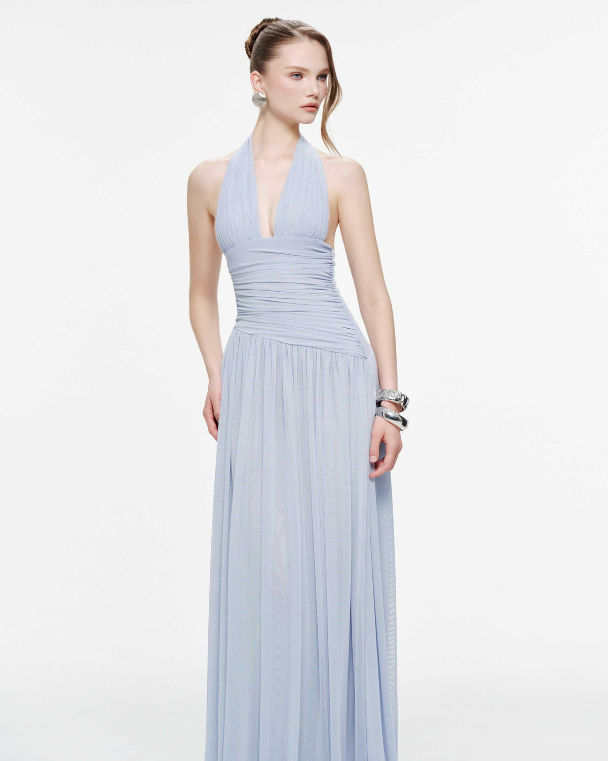 Ruched Stretch Mesh Maxi Dress With Neck Bow
