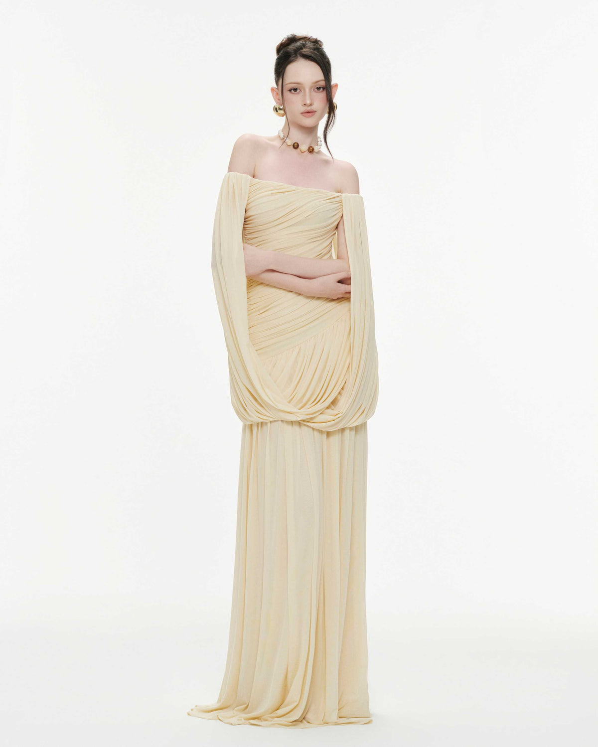 Off Shoulder Ruched Cape Dress