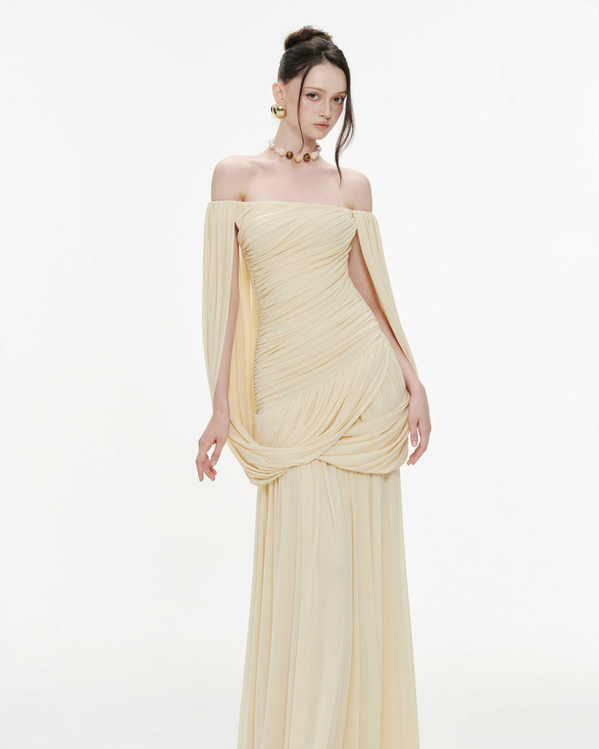 Off Shoulder Ruched Cape Dress