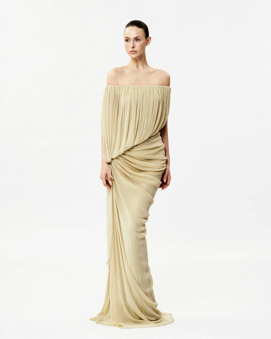 Off-Shoulder Glitter Mesh Ruched Dress