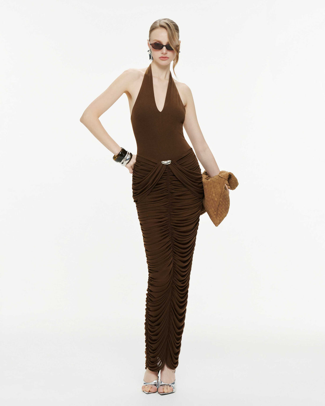 (PRE-ORDER) Deep V-neck Jersey Dress With Ruched Mesh Draping