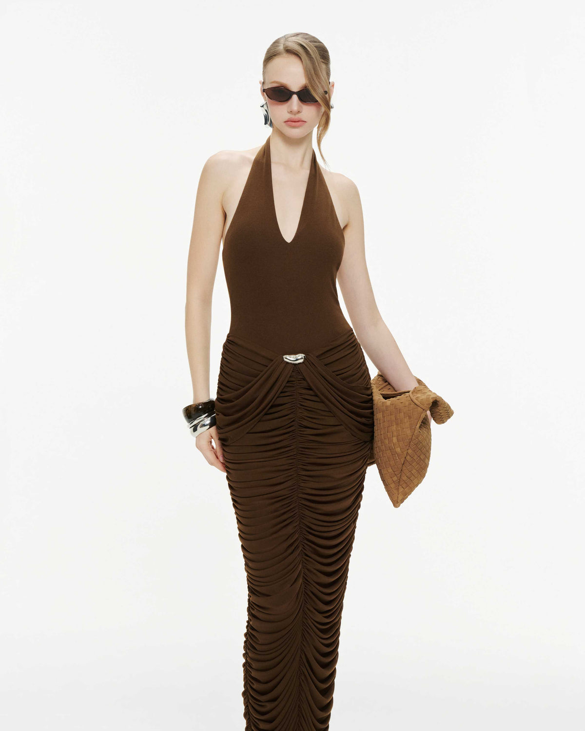 (PRE-ORDER) Deep V-neck Jersey Dress With Ruched Mesh Draping
