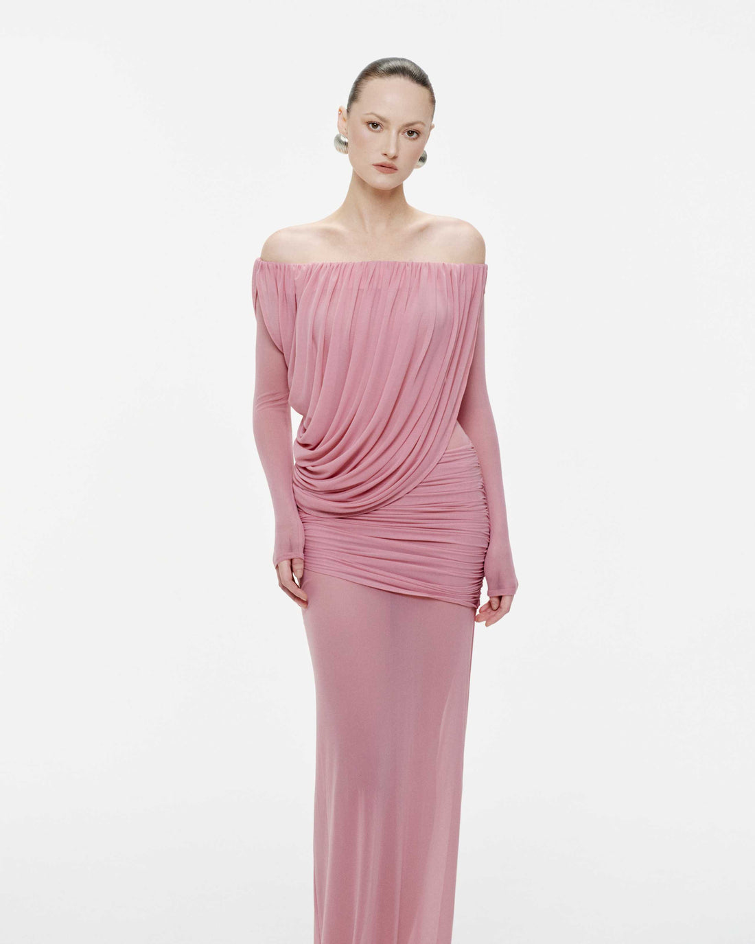 Off-Shoulder Draped Mesh Dress
