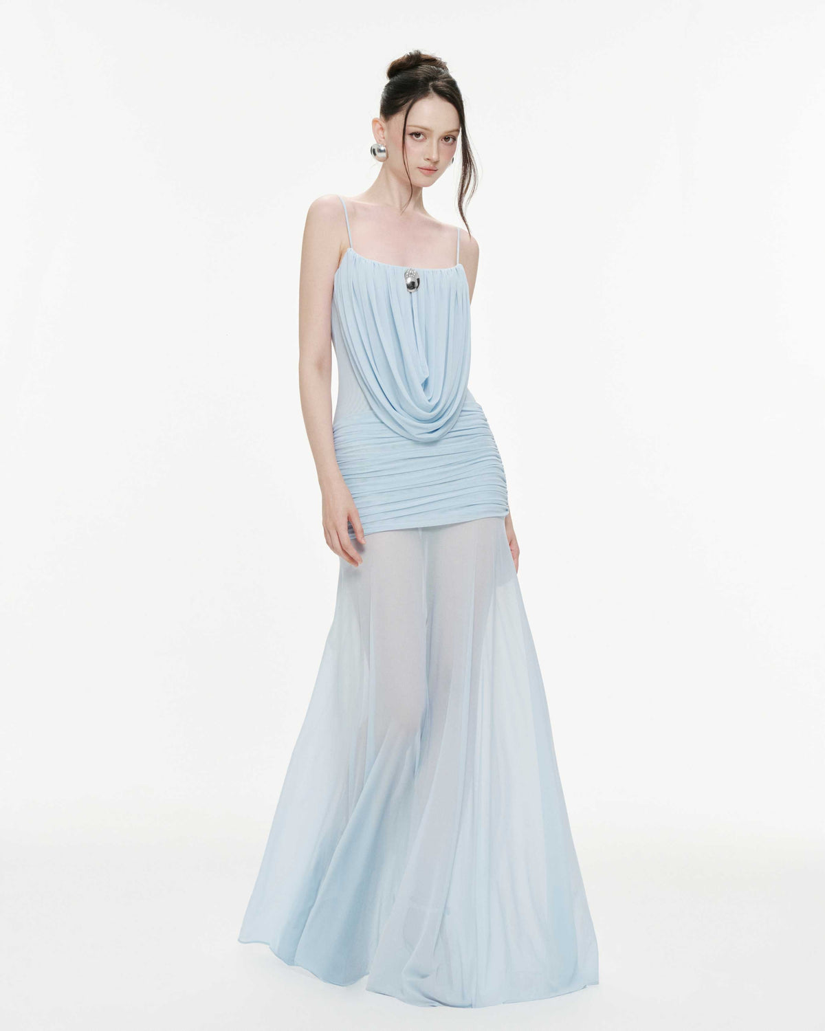 (PRE-ORDER) Cowl-Neck Ruched Stretch Mesh Gown