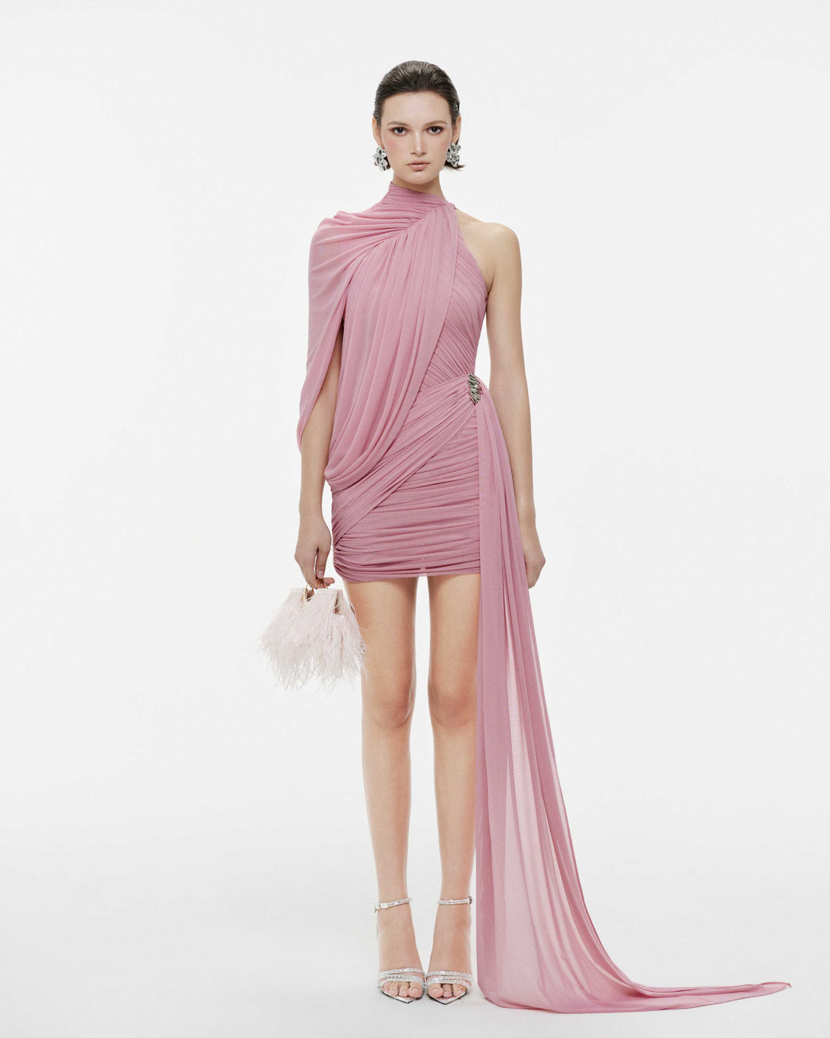 (PRE-ORDER) One-Shoulder Cape Ruched Asymmetric Dress
