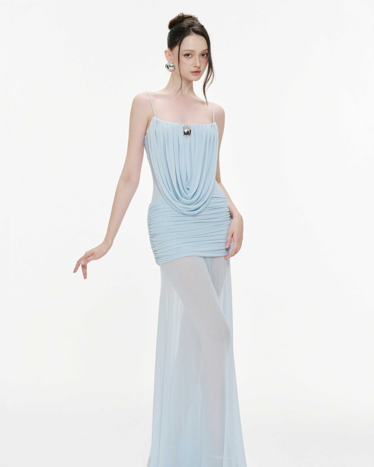 (PRE-ORDER) Cowl-Neck Ruched Stretch Mesh Gown