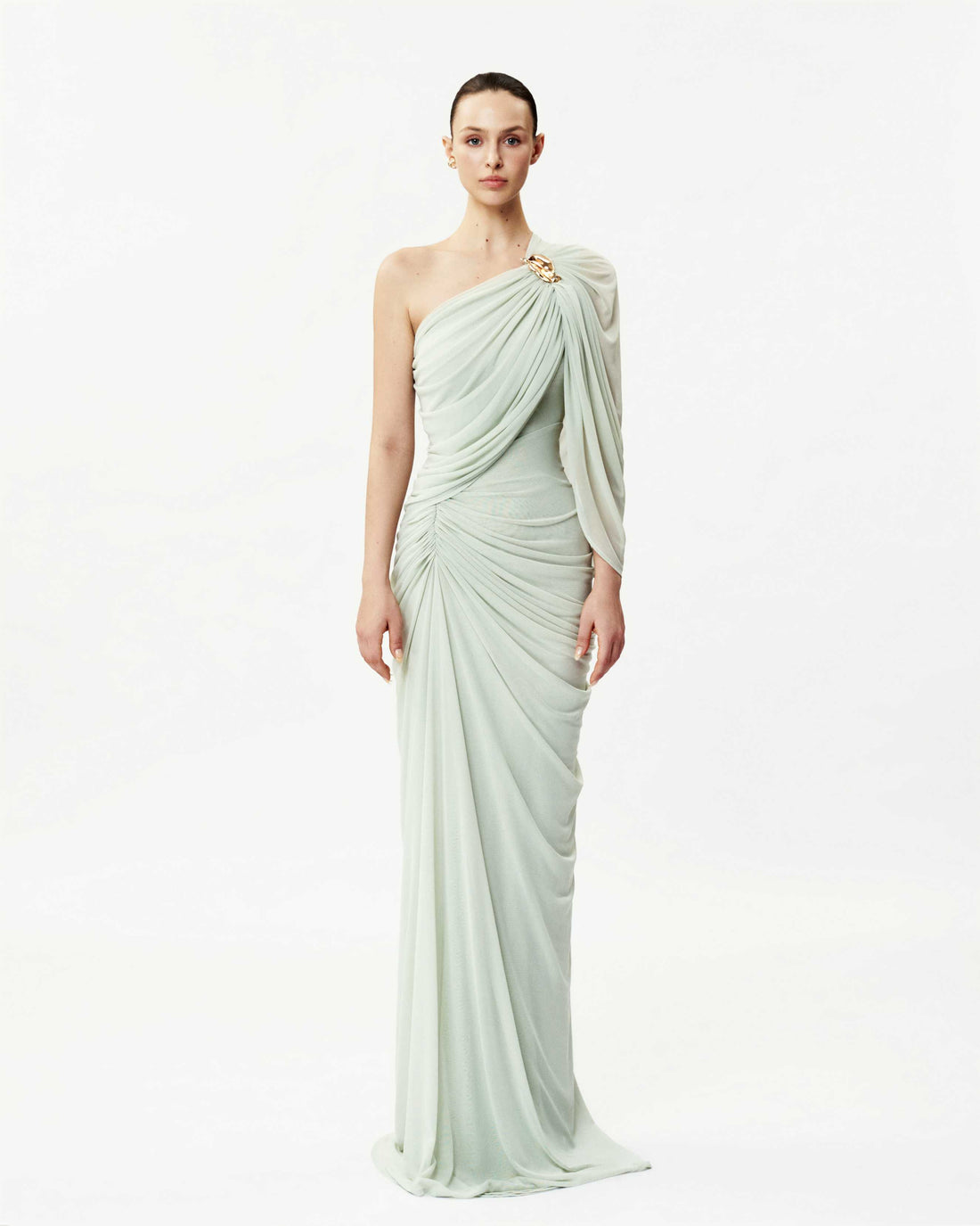 (PRE-ORDER) Long One-Shoulder Mesh Dress with Floral Button