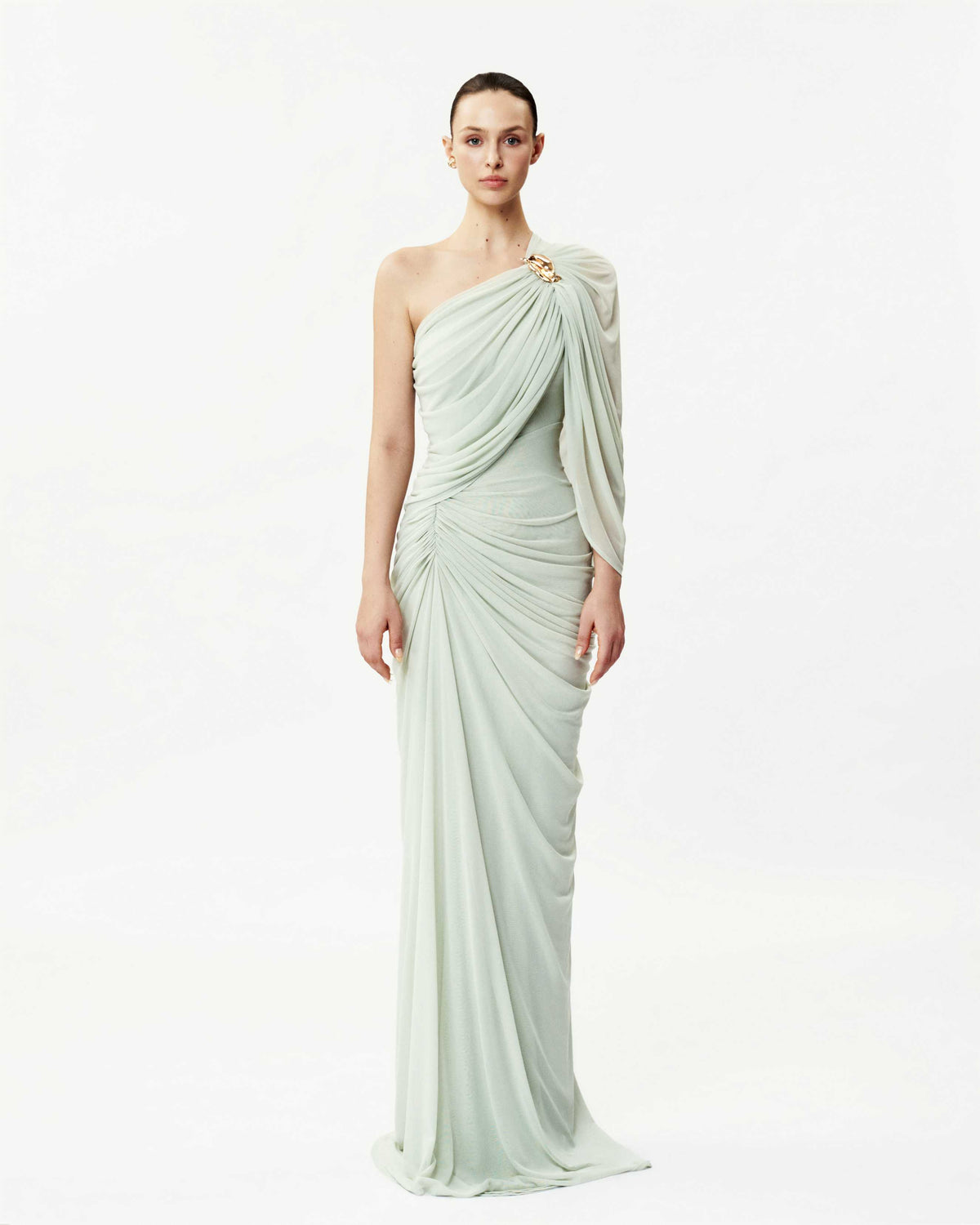 (PRE-ORDER) Long One-Shoulder Mesh Dress with Floral Button