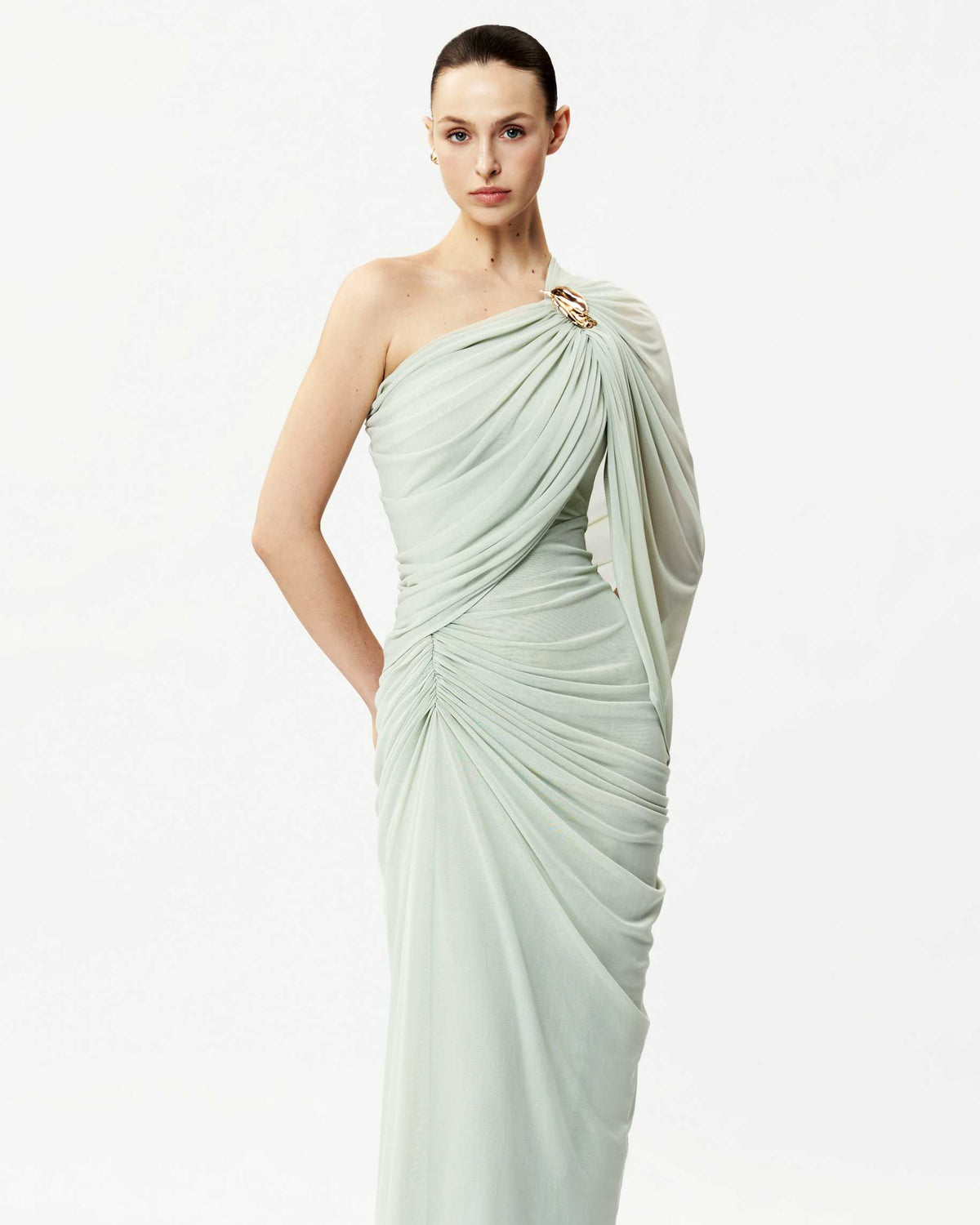 (PRE-ORDER) Long One-Shoulder Mesh Dress with Floral Button