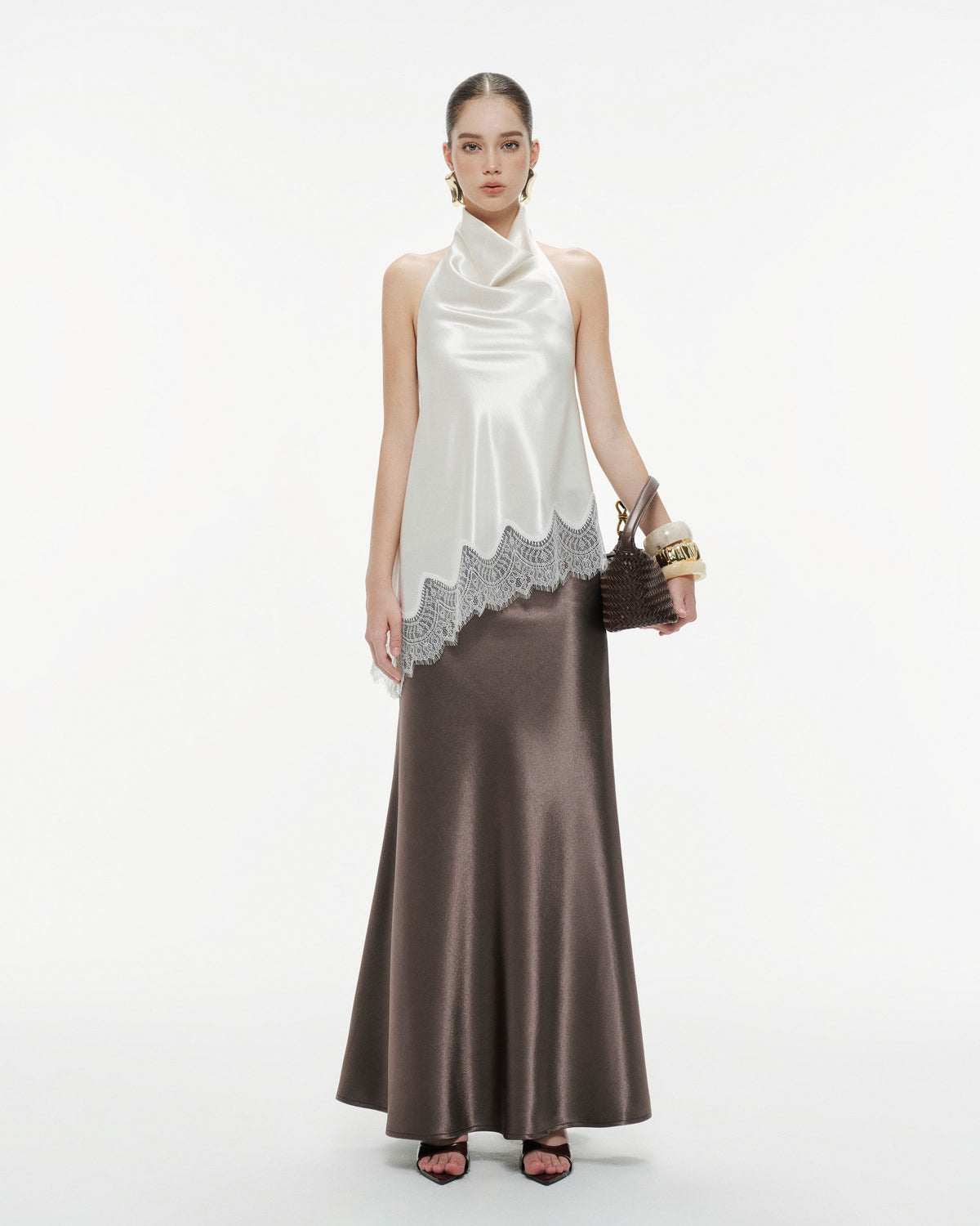 (PRE-ORDER) Silk Draped Halter Top With Lace Hem