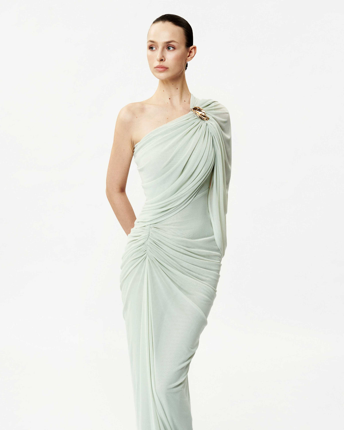 (PRE-ORDER) Long One-Shoulder Mesh Dress with Floral Button