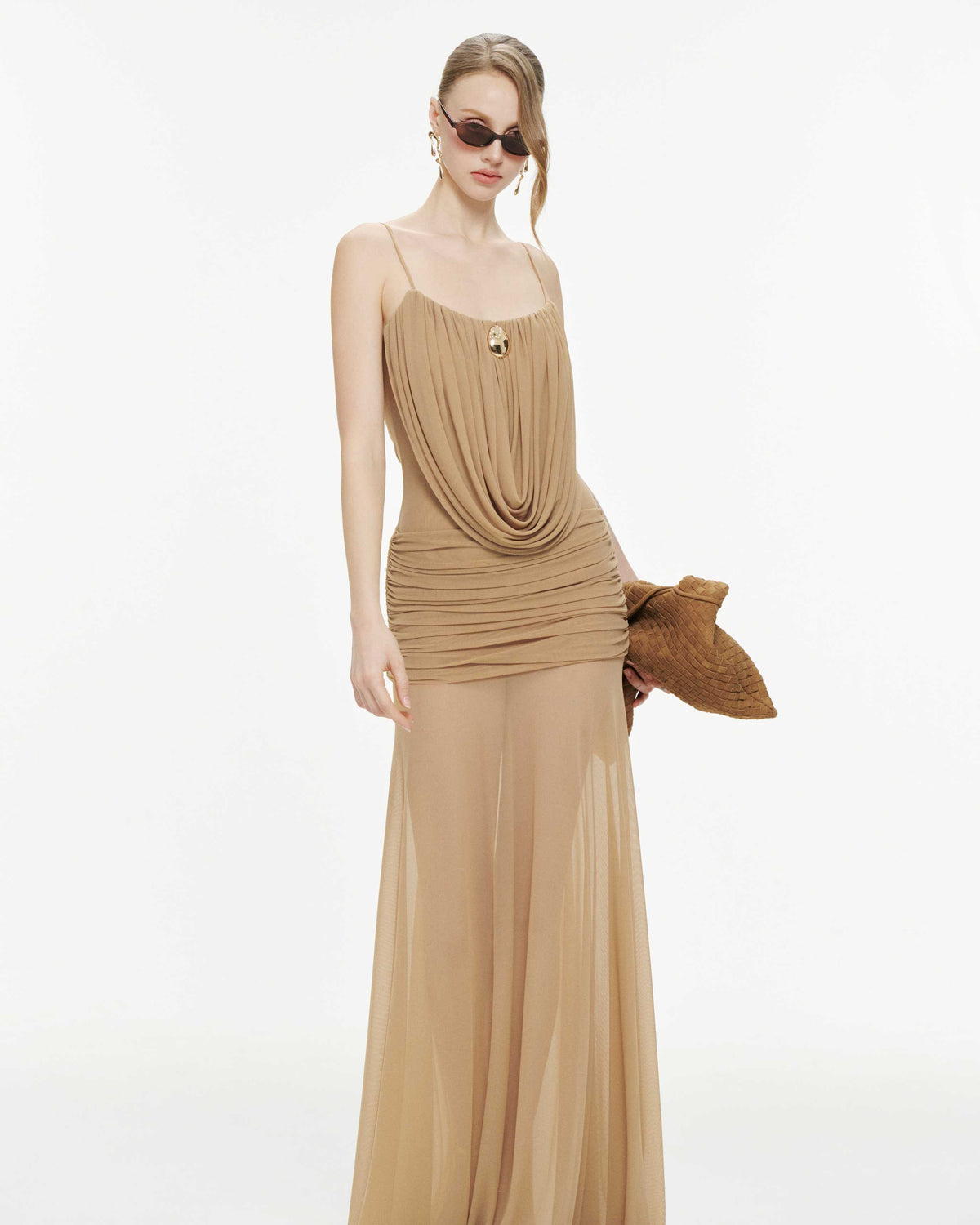 Cowl-Neck Ruched Stretch Mesh Gown