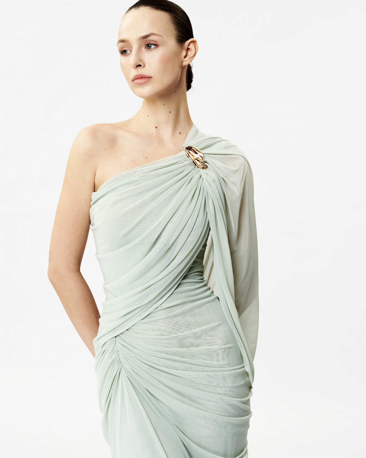 (PRE-ORDER) Long One-Shoulder Mesh Dress with Floral Button