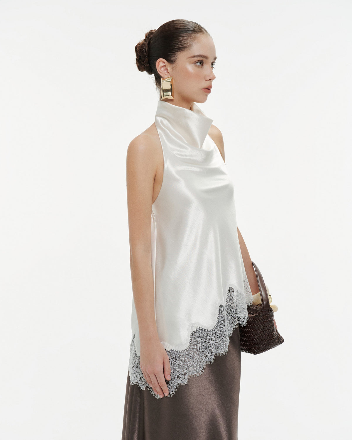(PRE-ORDER) Silk Draped Halter Top With Lace Hem