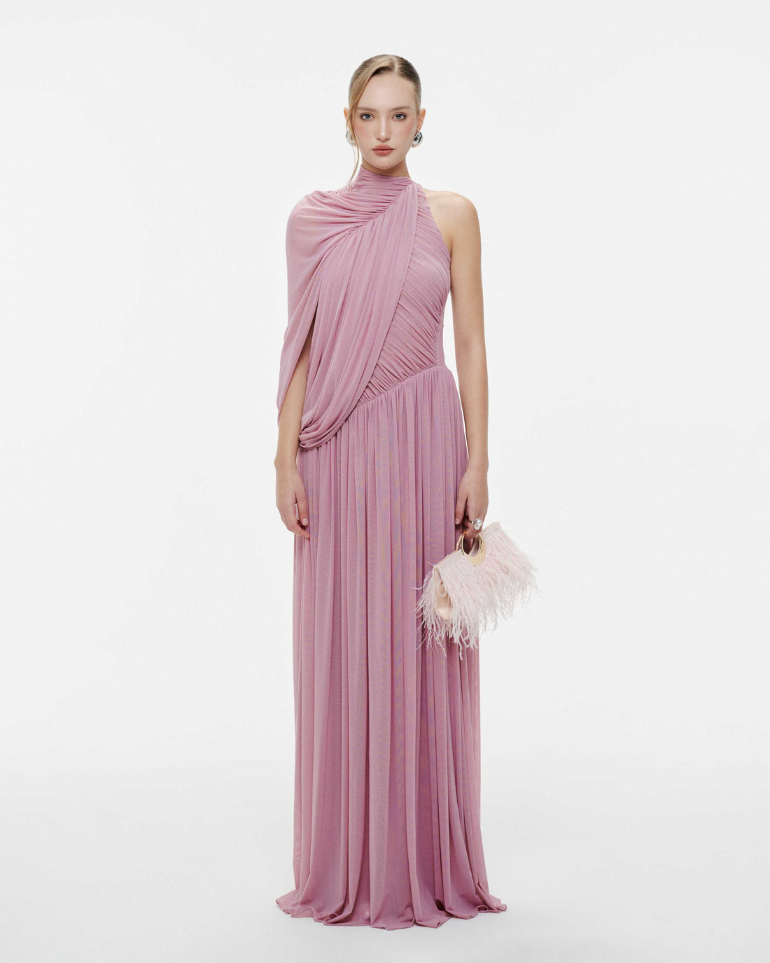 (PRE-ORDER) One-Shoulder Cape Ruched Flared Dress