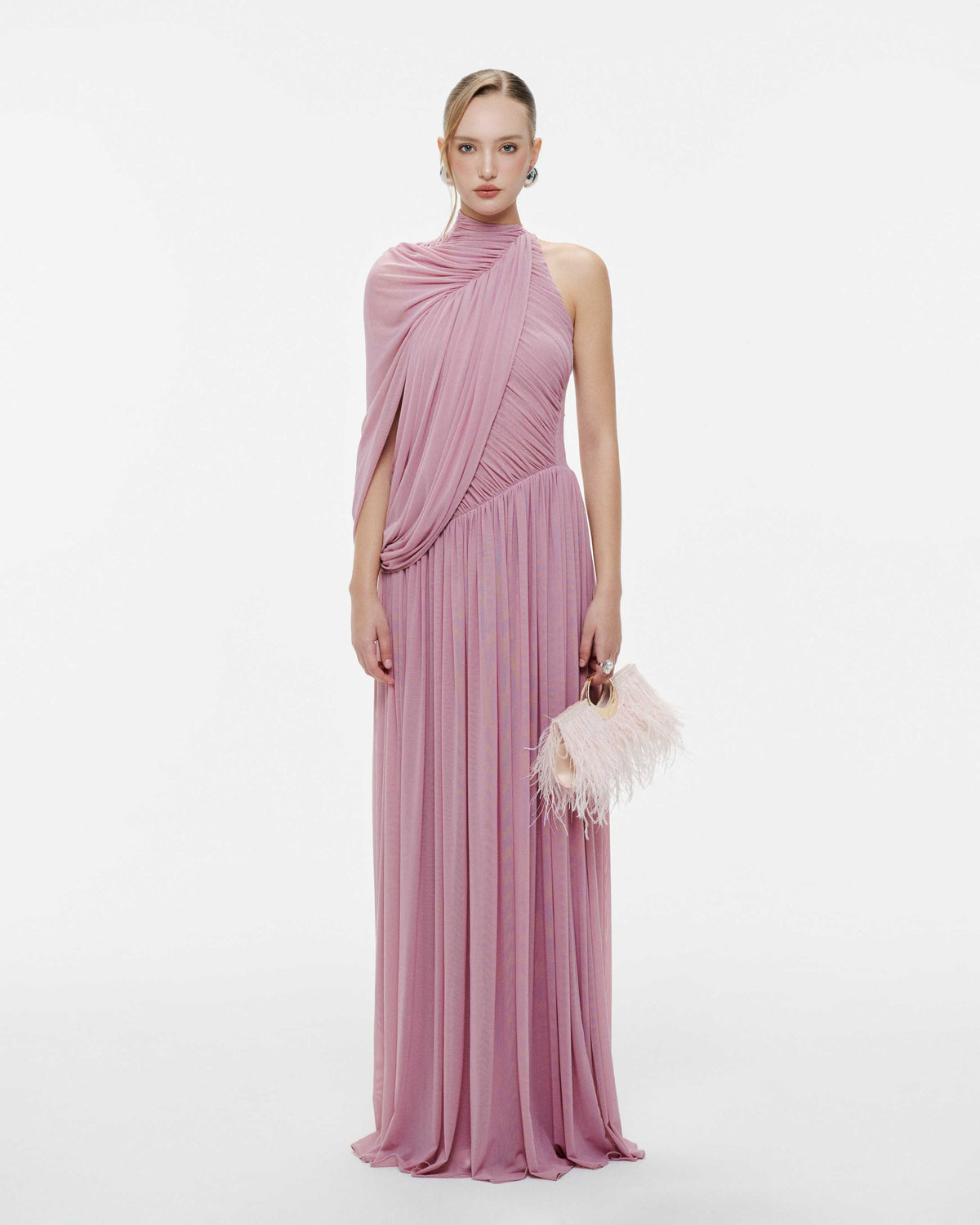(PRE-ORDER) One-Shoulder Cape Ruched Flared Dress