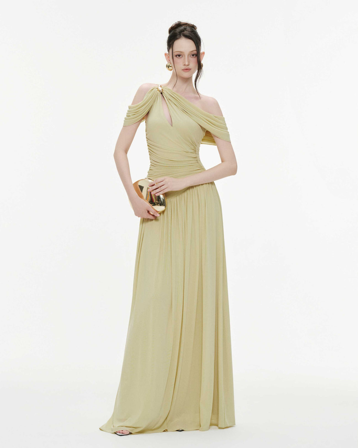 Draped Off-Shoulder Stretch Mesh Dress