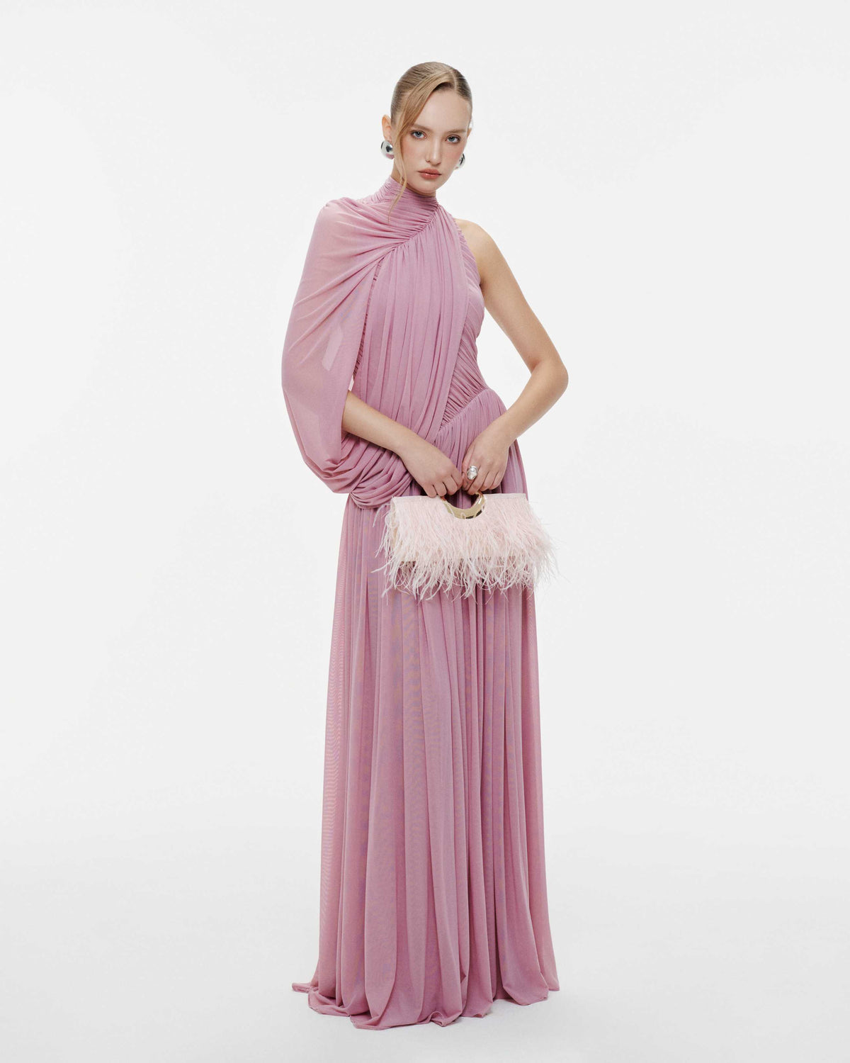 (PRE-ORDER) One-Shoulder Cape Ruched Flared Dress