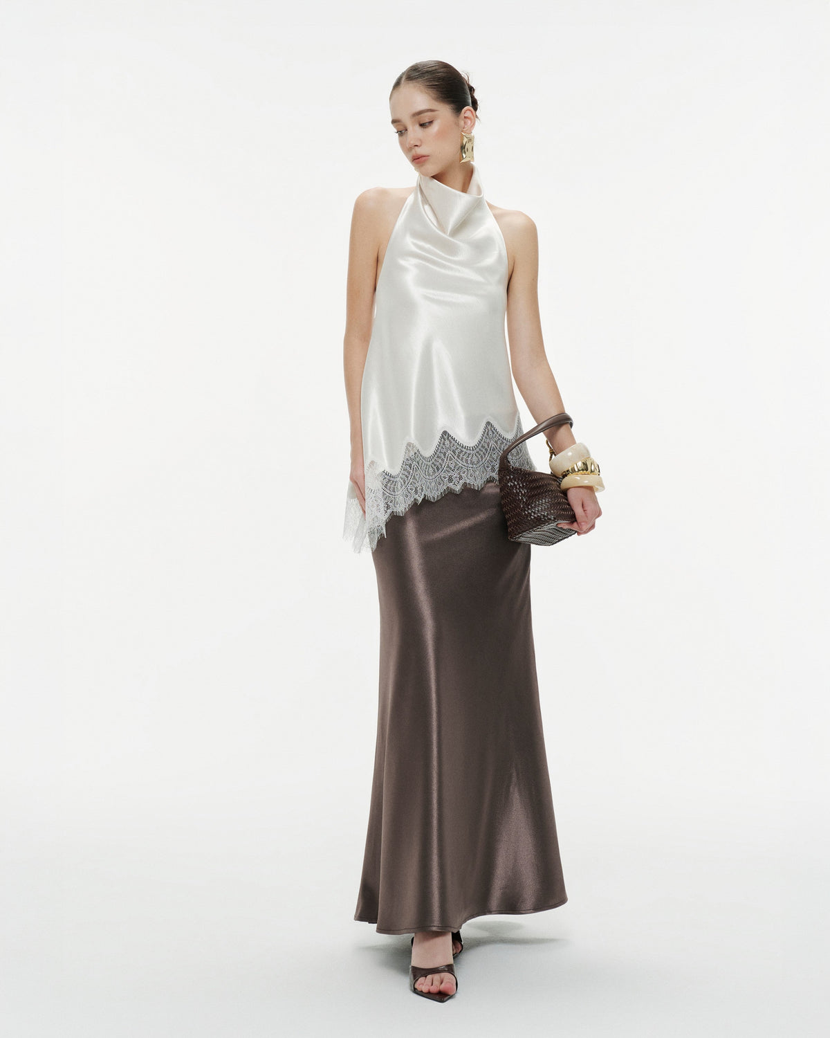 (PRE-ORDER) Silk Draped Halter Top With Lace Hem