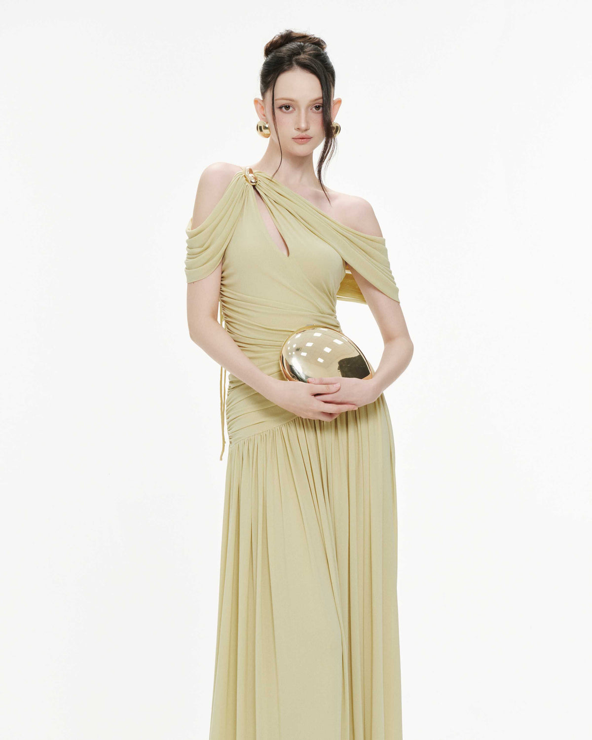 Draped Off-Shoulder Stretch Mesh Dress