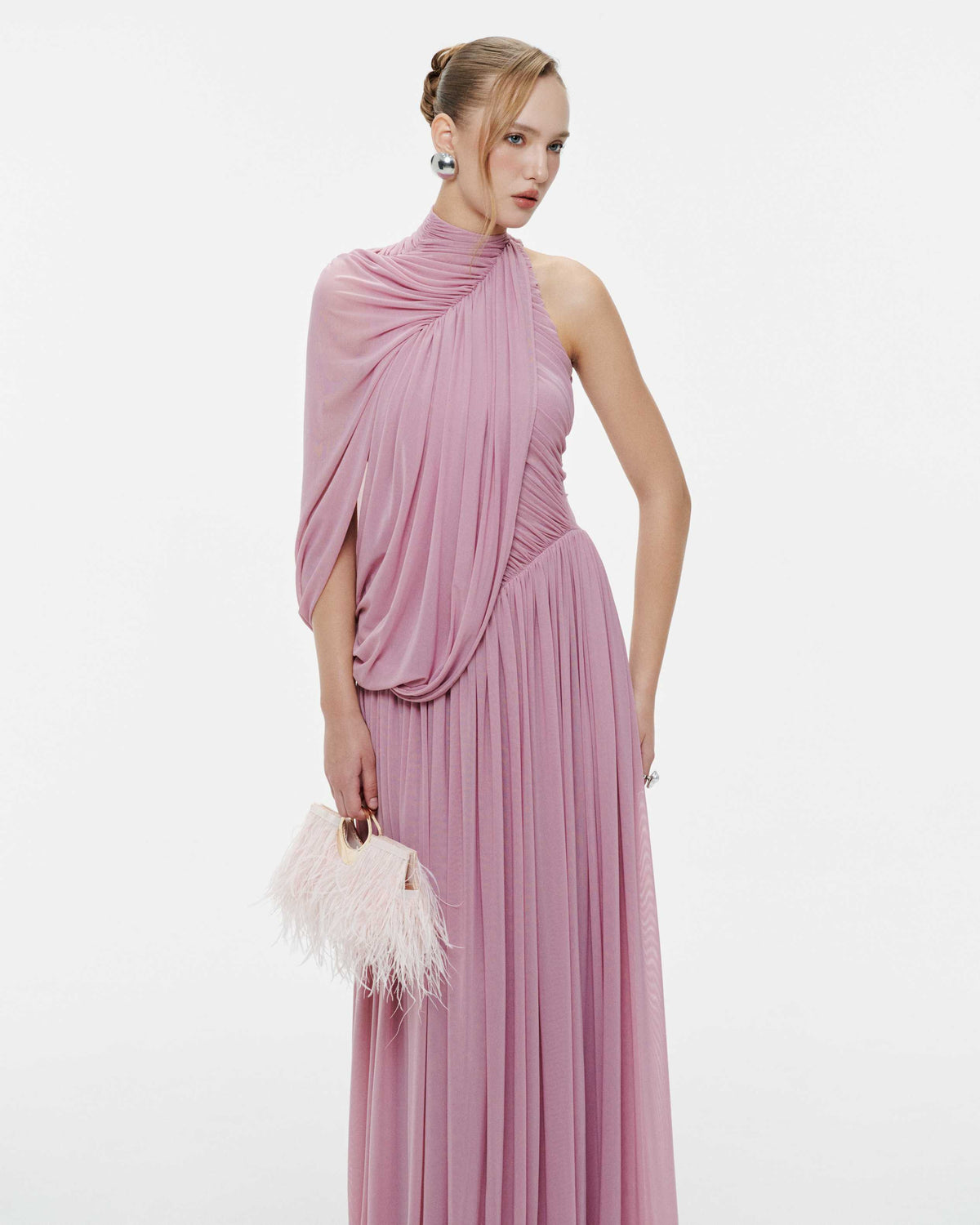 (PRE-ORDER) One-Shoulder Cape Ruched Flared Dress
