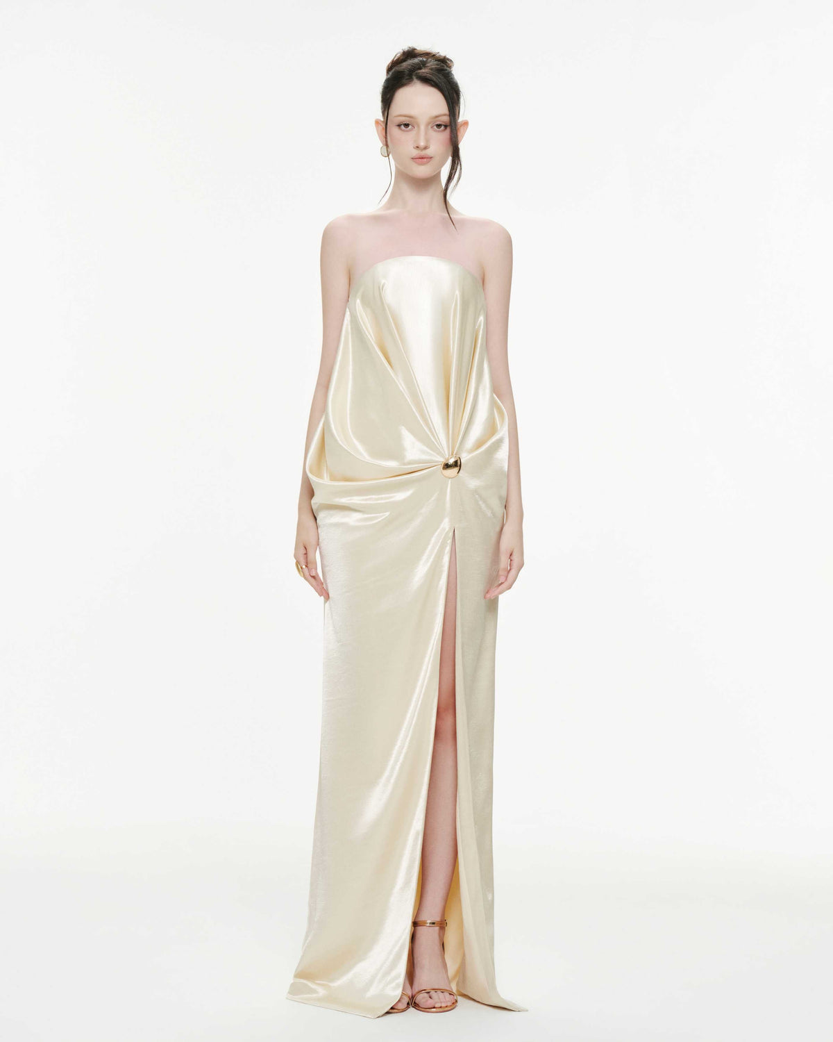 Strapless Pleated Silk Slit Dress