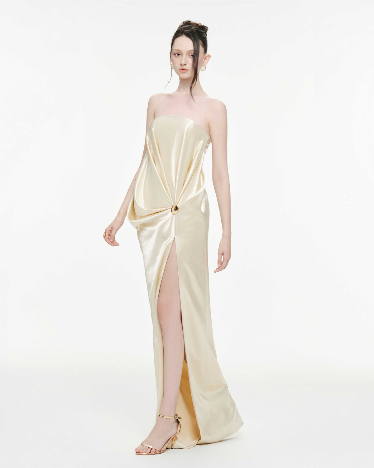 Strapless Pleated Silk Slit Dress