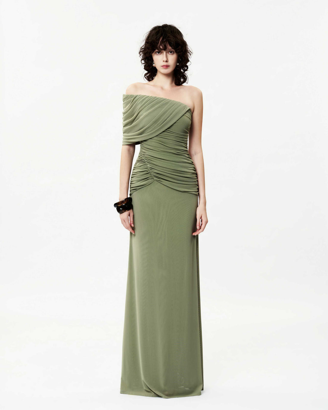 One-Shoulder Asymmetric Ruched Pleated Mesh Dress