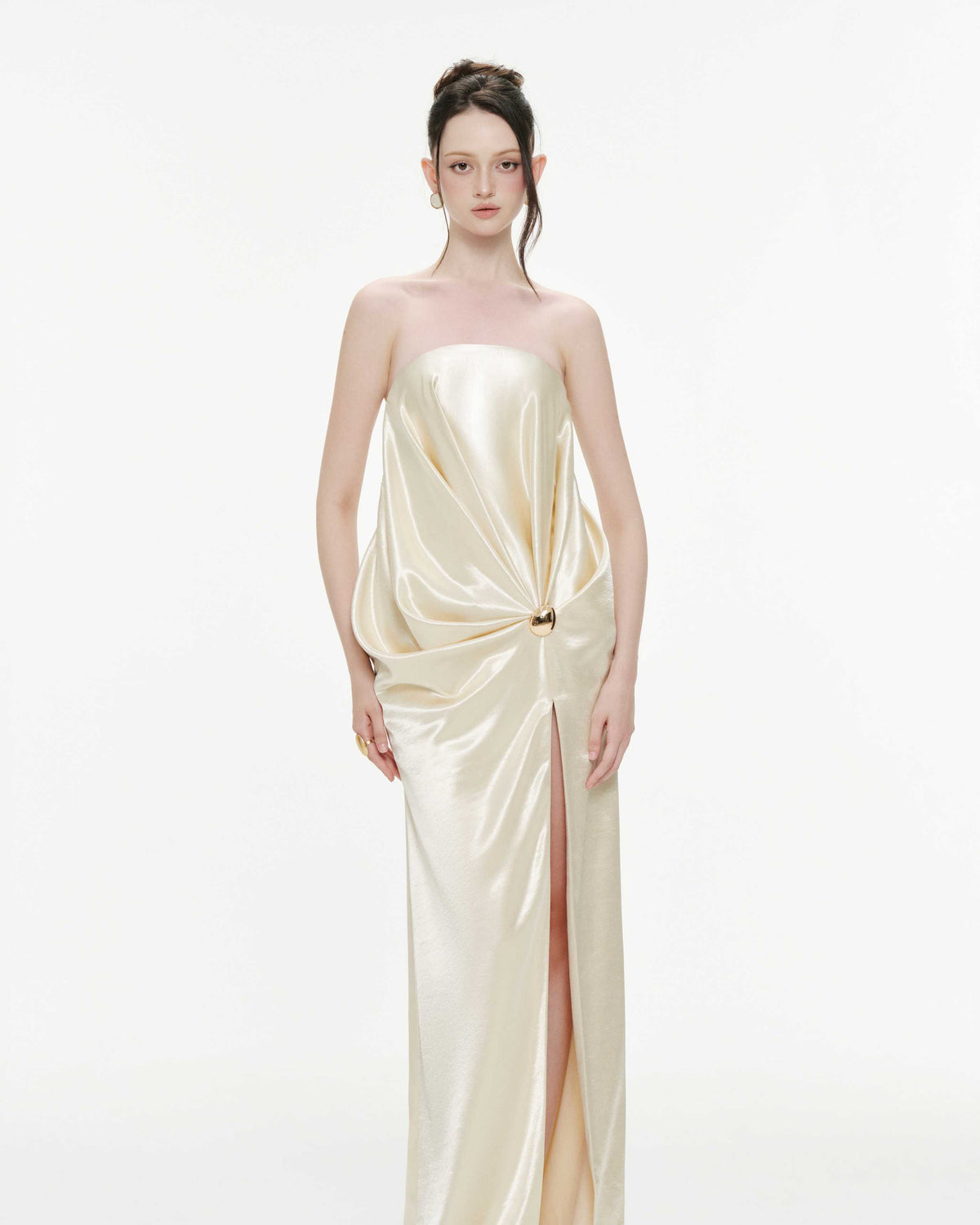 Strapless Pleated Silk Slit Dress