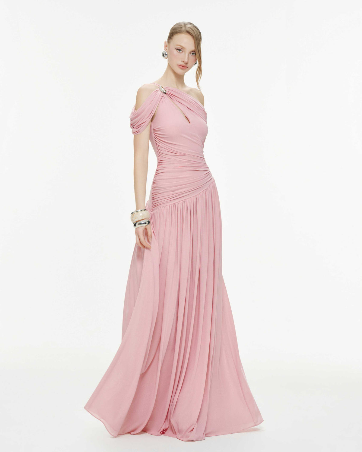 Draped Off-Shoulder Stretch Mesh Dress