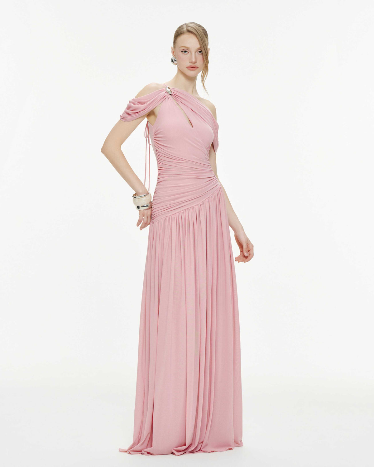 Draped Off-Shoulder Stretch Mesh Dress