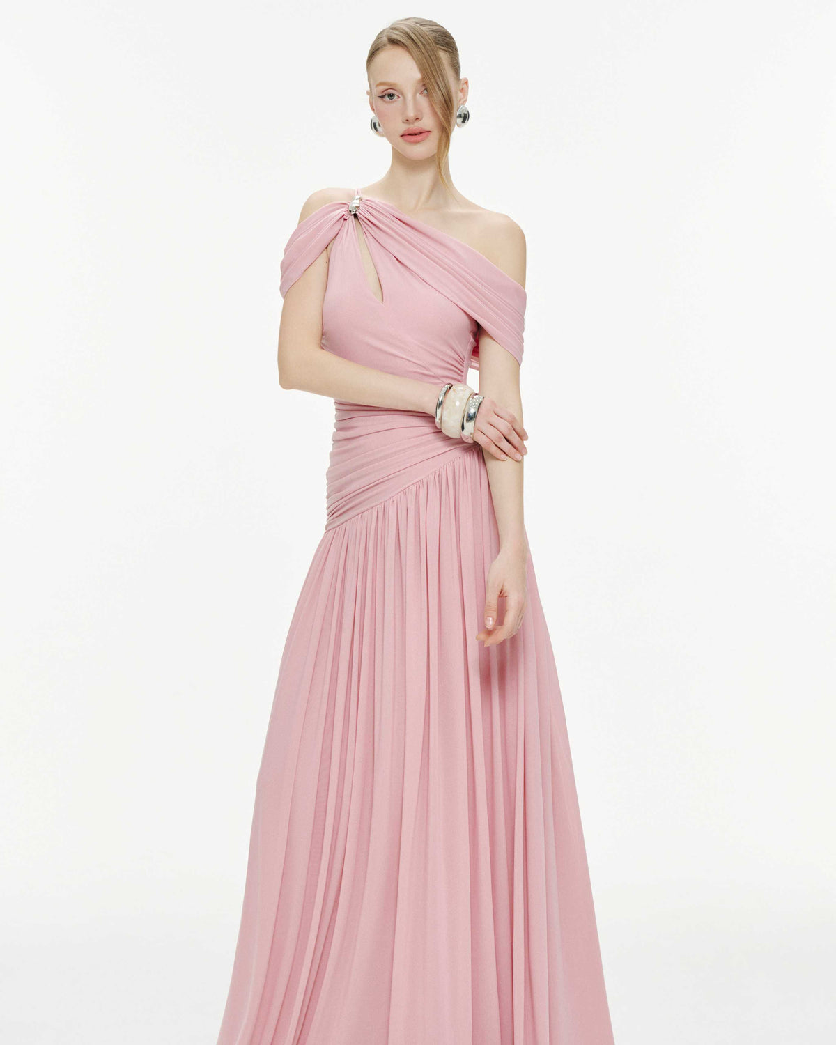 Draped Off-Shoulder Stretch Mesh Dress