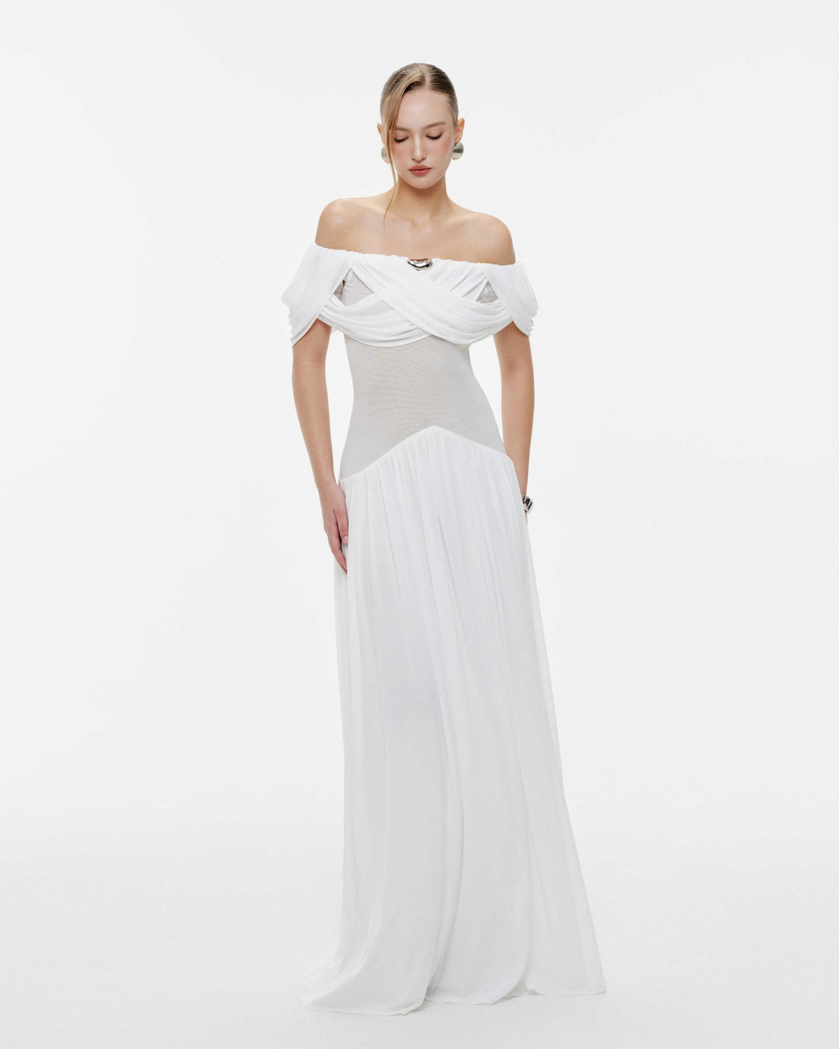 White Off-Shoulder Draped Flared Dress