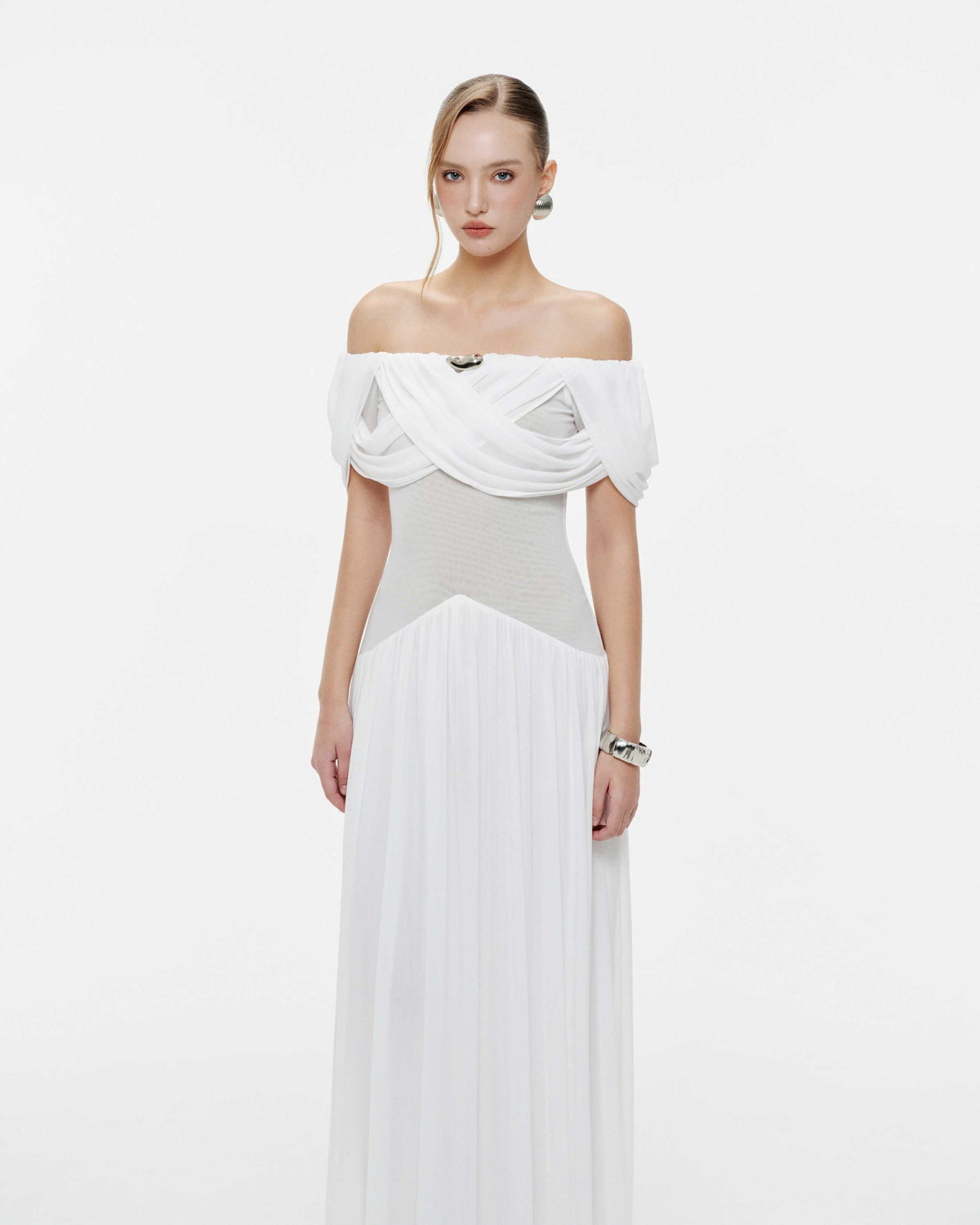 White Off-Shoulder Draped Flared Dress