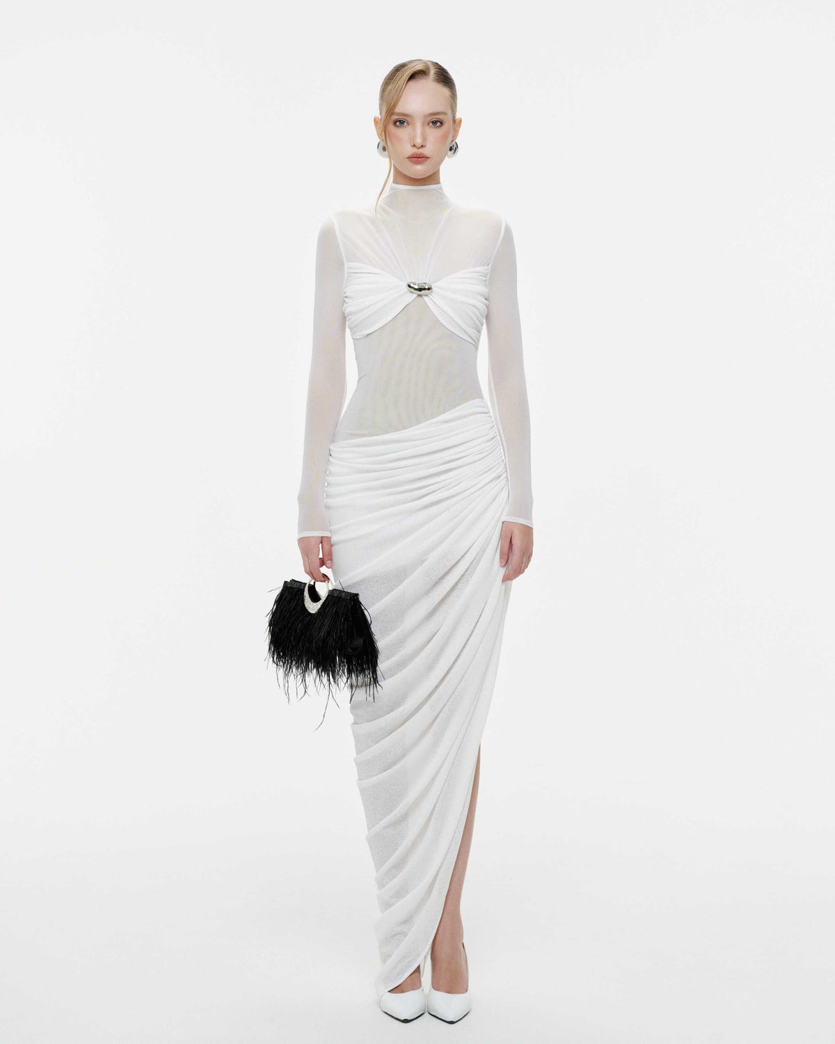 Long-Sleeve Ruched Bust Asymmetric Dress